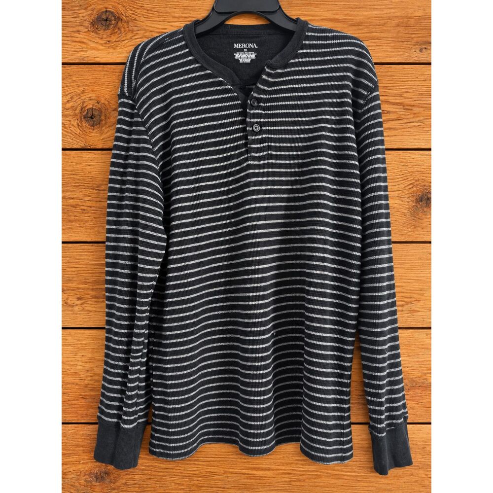 Merona Mens Striped Thermal Henley Shirt Long Sleeve Waffle Knit Top Black Gray